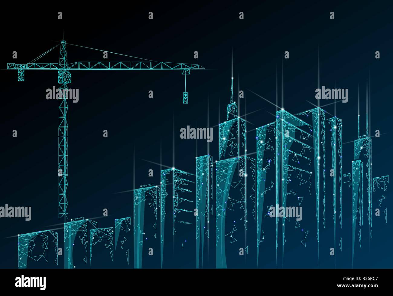 Bassa poli edificio in costruzione gru. Moderno industriale la tecnologia aziendale. Astratta geometrica poligonale 3D cityscape silhouette urbana. Alto grattacielo Torre di notte blu cielo illustrazione vettoriale Illustrazione Vettoriale