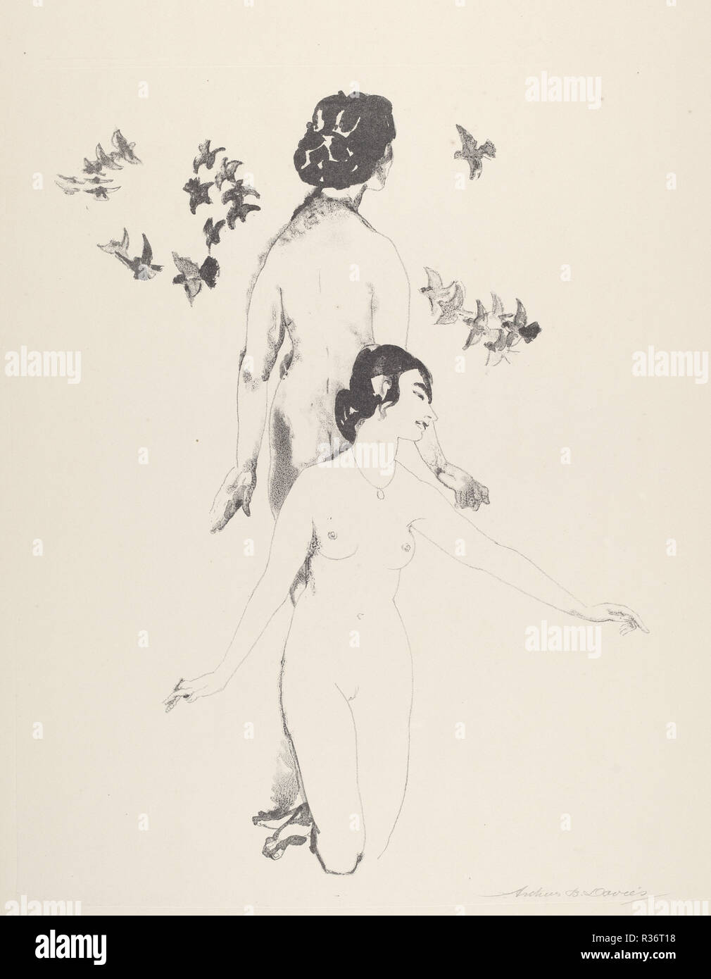 Cerchiare le colombe. Data: 1921. Dimensioni: immagine (irregolare): 41.28 35.24 × cm (16 1/4 × 13 7/8 in.) foglio: 56.52 x 39,05 cm (22 1/4 x 15 3/8 in.). Medio: litografia di trasferimento in nero su carta intessuta. Museo: National Gallery of Art di Washington DC. Autore: Arthur B. Davies. Foto Stock