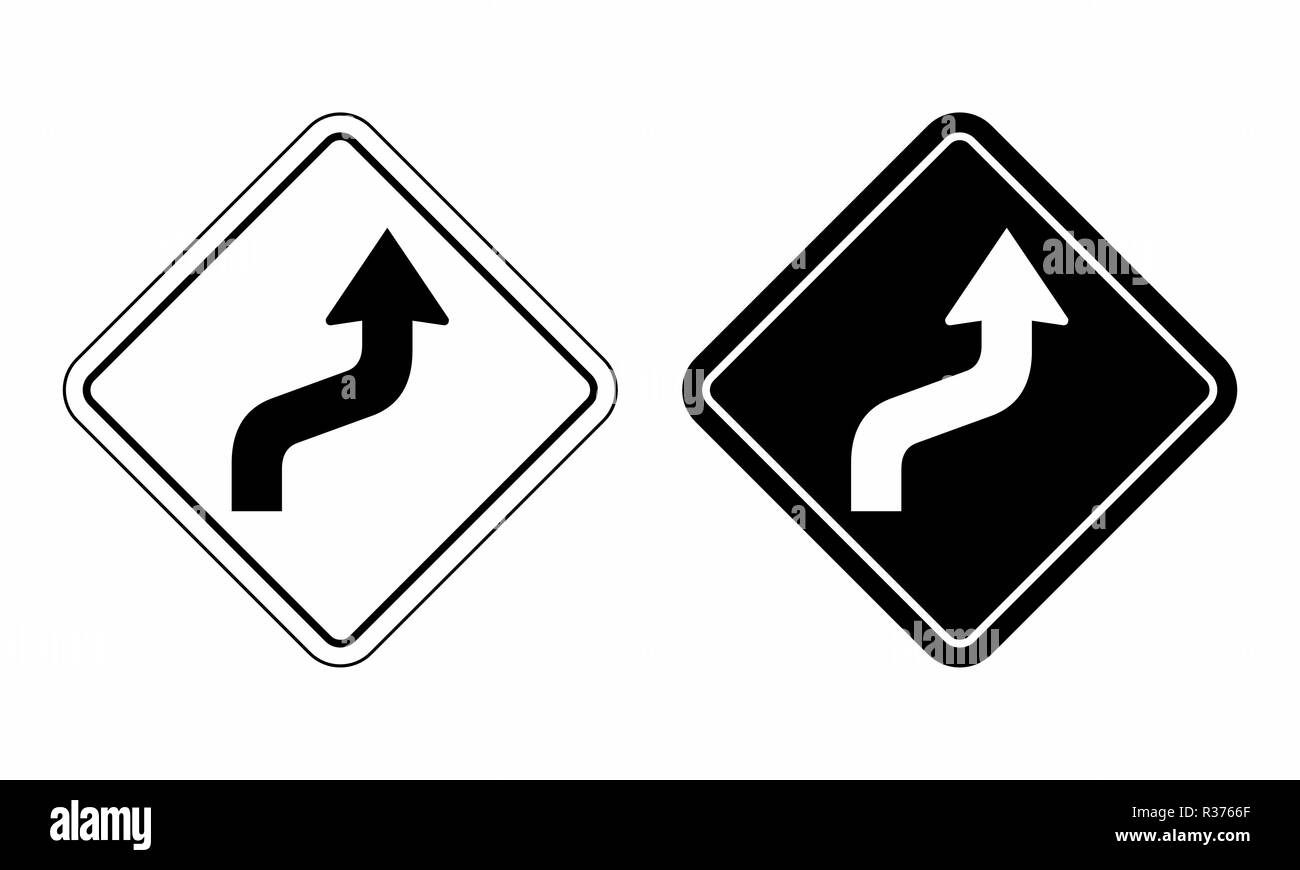 Illustrazione del cartello stradale che indica una strada tortuosa Illustrazione Vettoriale