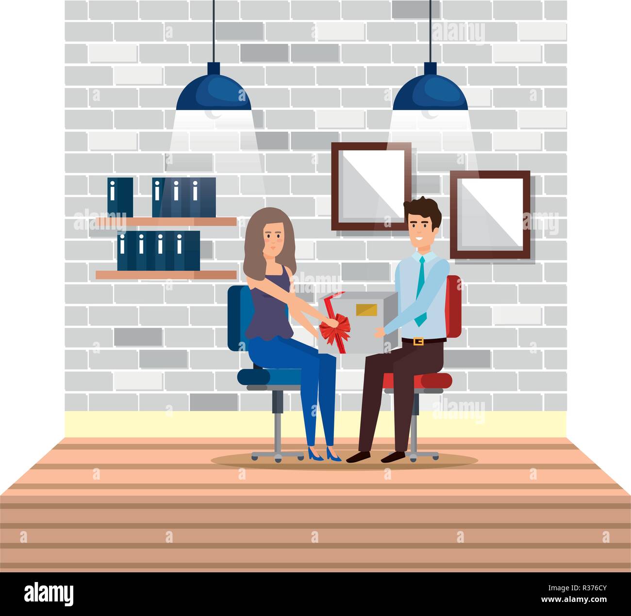 Azienda giovane nel posto di lavoro dando dono illustrazione vettoriale design Illustrazione Vettoriale