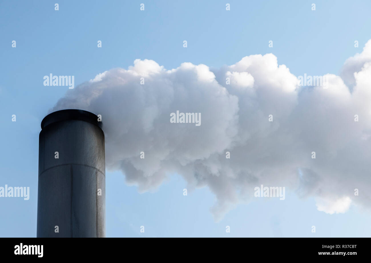 Camino con le dense nubi di fumo o vapore, il concetto di crescita economica e di inquinamento ambientale da CO2 e polveri fini, cielo blu, spazio di copia Foto Stock