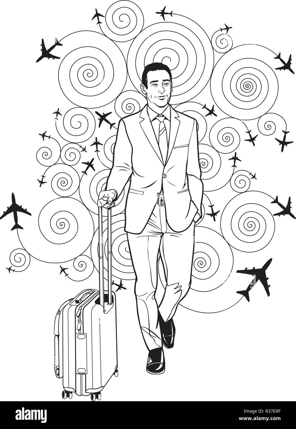 Imprenditore portare i bagagli in aeroporto. Line art illustrazione. Illustrazione Vettoriale