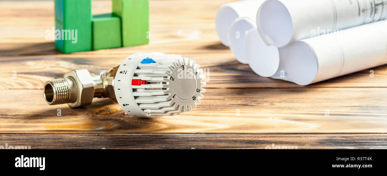 Testa termostatica valvola per Radiatore riscaldatore e green house di cubi su sfondo di legno riscaldamento Progetto di fornitura del calore Building Concept idea di ECO SUS Foto Stock