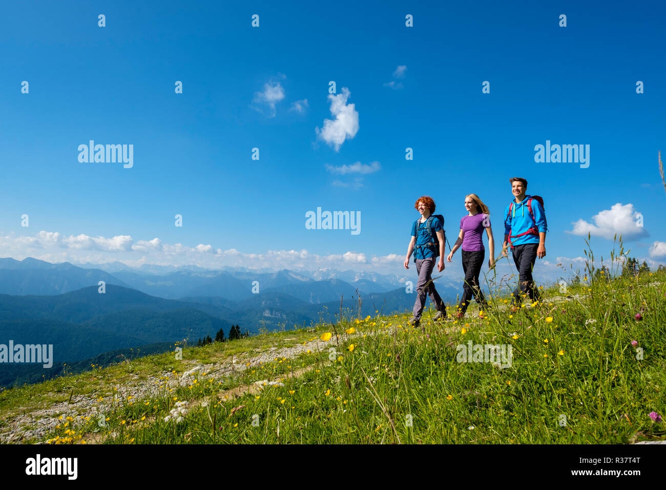 I giovani escursionisti in montagna escursione, Brauneck a Lenggries, Isarwinkel, Alpi Alta Baviera, Baviera, Germania Foto Stock