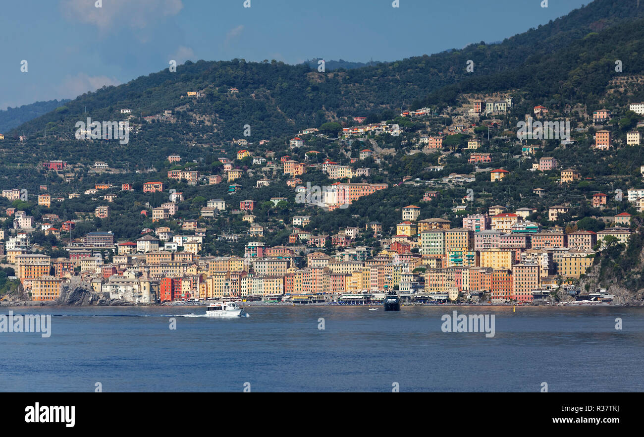 Vista di Camogli, Provincia di Genova, Golfo Paradiso e la Riviera di Levante, Liguria, Italia Foto Stock