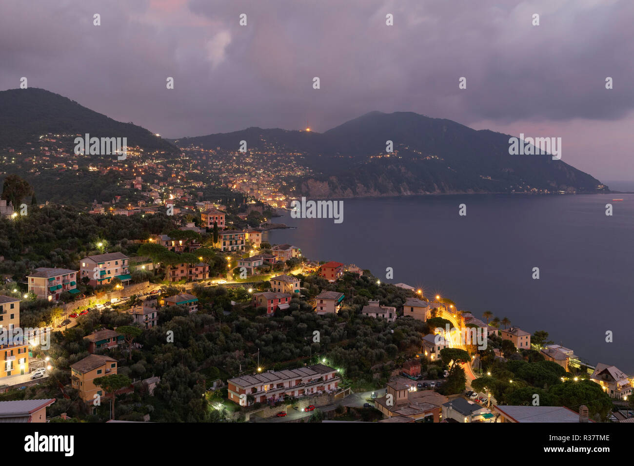 Vista Reck e Golfo Paradiso, in serata, Provincia Genova, Riviera italiana e la Riviera di Levante, Liguria, Italia Foto Stock