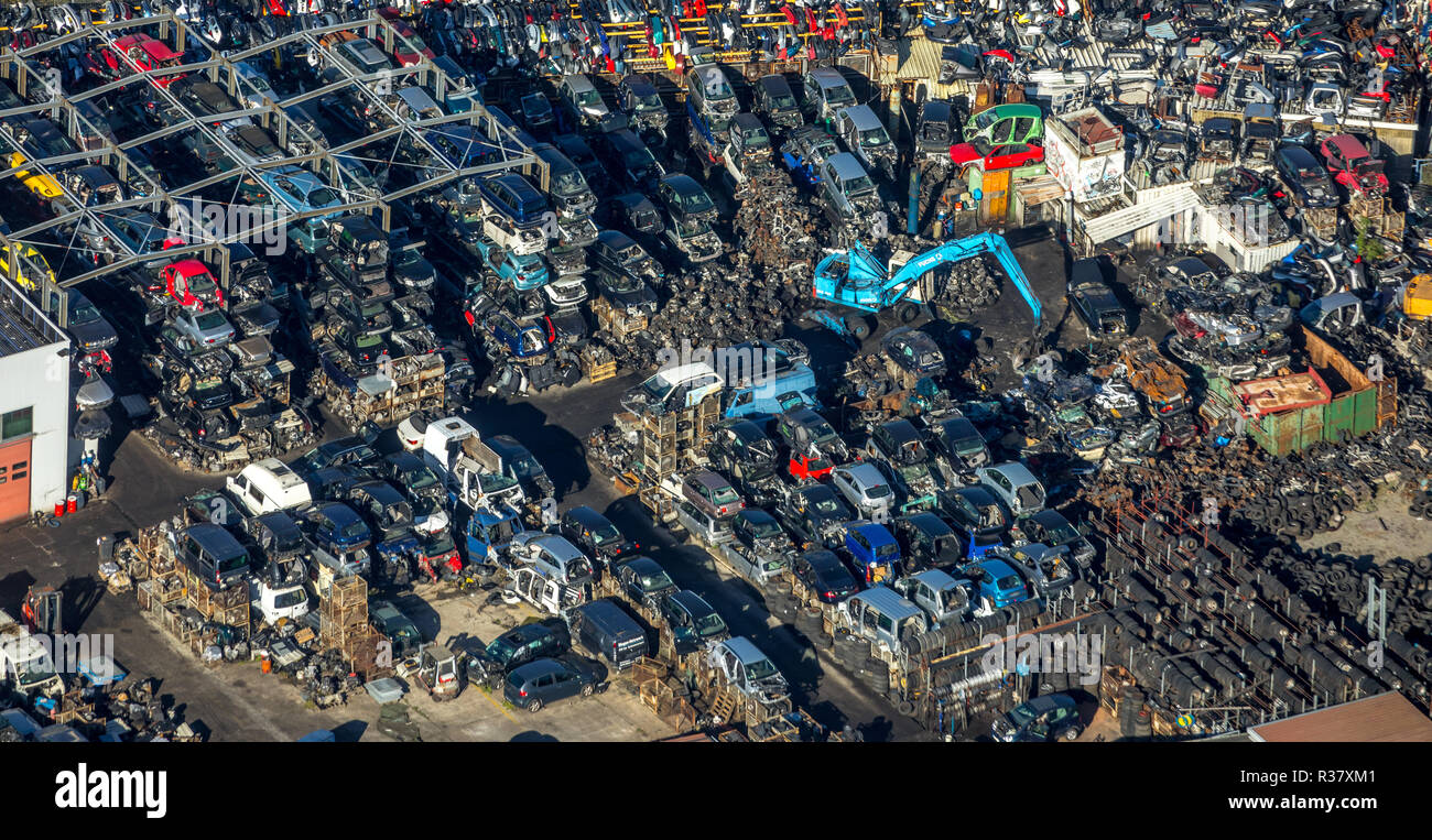 Vista aerea, rottami di cantiere con auto da rottamare, auto rottamate, Unna, zona della Ruhr, Nord Reno-Westfalia, Germania Foto Stock