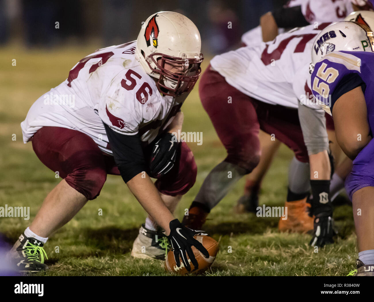 Azione di calcio con grande valle vs. Los Molinos High School di Palo Cedro, California. Foto Stock