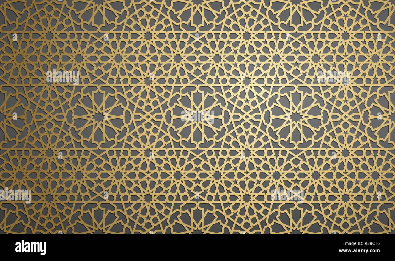 Ornamento islamica , vettore motiff persiano . 3d il ramadan round islamico gli elementi di configurazione di . Geometriche ornamentali circolare arabo vettore simbolo . Fondo oro Illustrazione Vettoriale