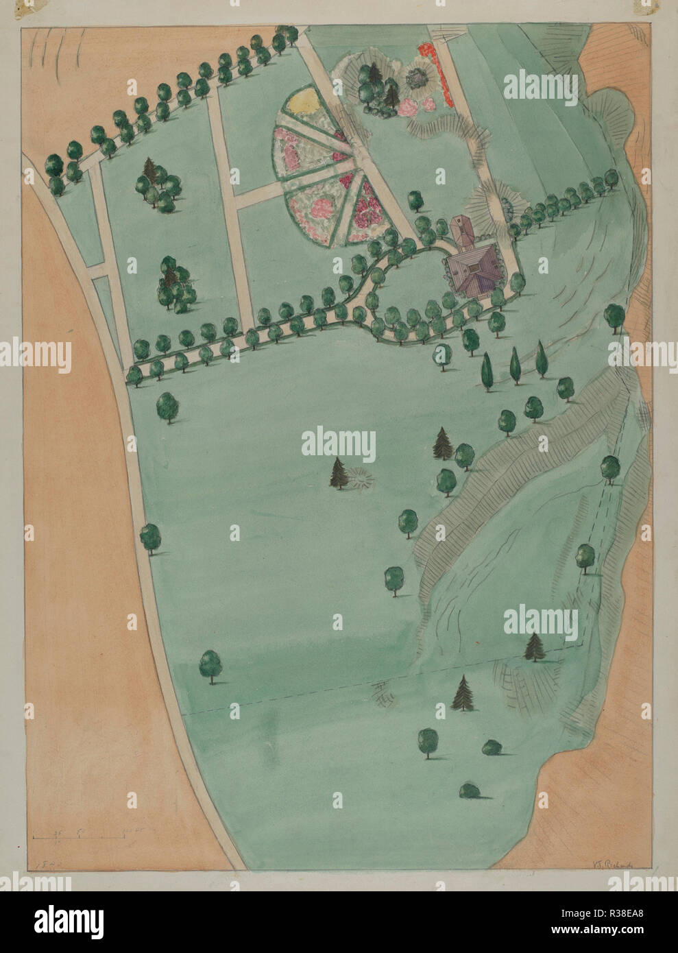 Eliza B. Jumel station wagon. Data: c. 1936. Dimensioni: complessivo: 53,4 x 39,7 cm (21 x 15 5/8 in.). Medium: acquerello e grafite su cartone. Museo: National Gallery of Art di Washington DC. Autore: Virginia Richards. Foto Stock