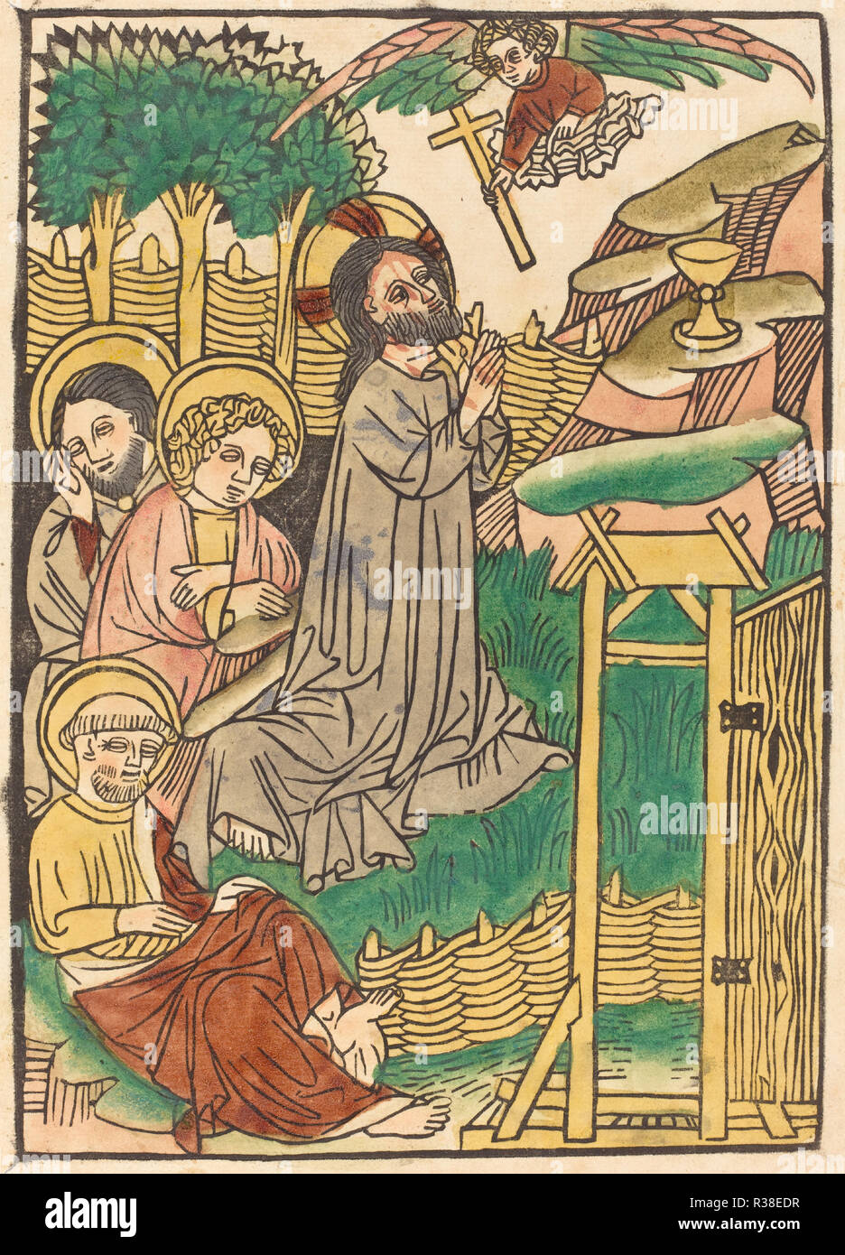 Cristo sul monte degli Ulivi. Data: c. 1450/1460. Medium: xilografia, colorate a mano in rosso-marrone di lago, grigio, giallo, rosa, verde oliva e verde. Museo: National Gallery of Art di Washington DC. Autore: tedesco del XV secolo. Foto Stock