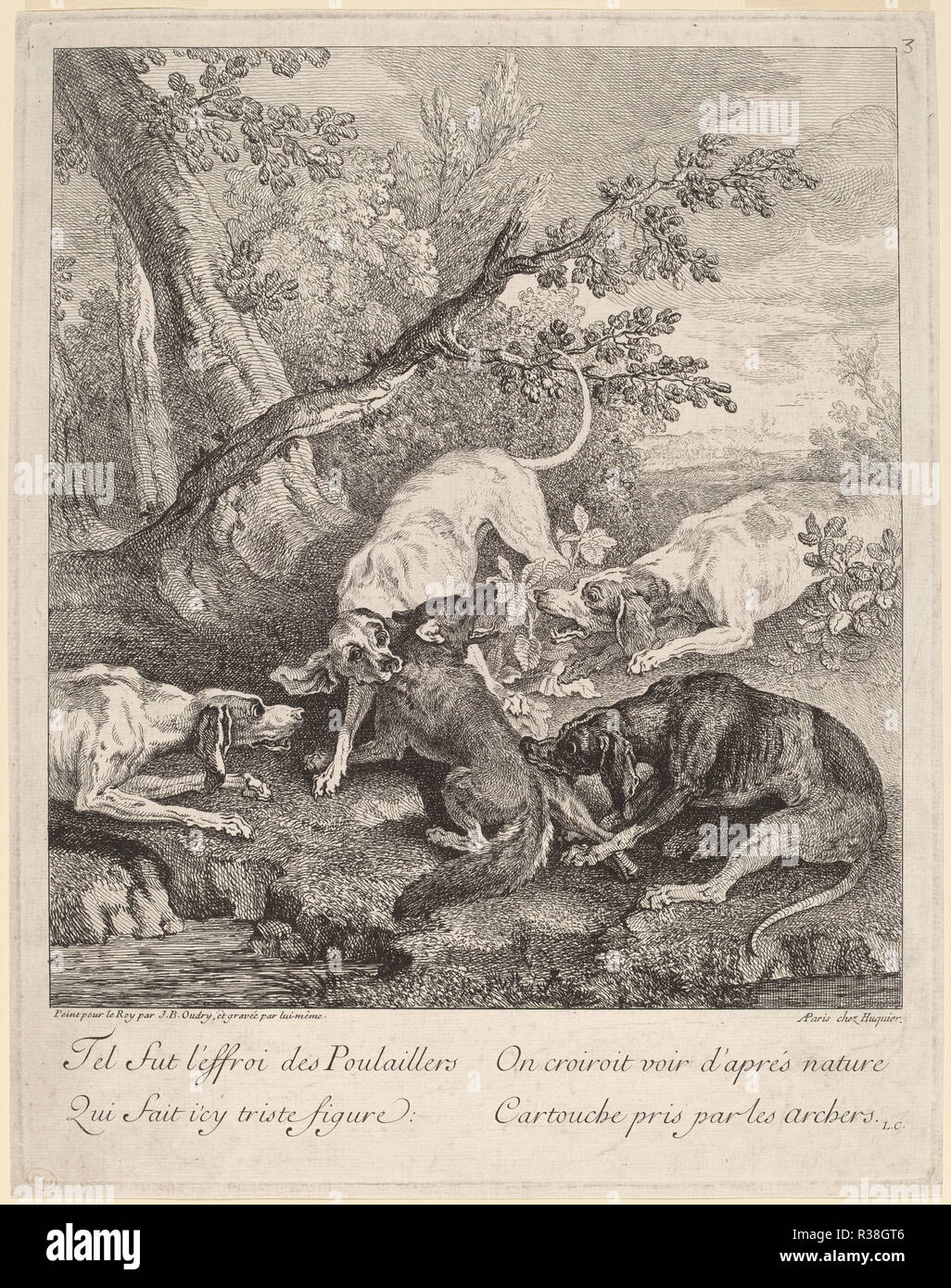 Una volpe attaccato da cani. Data: 1725. Dimensioni: piastra: 37,5 x 29,4 cm (14 3/4 x 11 9/16 in.) foglio: 38,2 x 30,2 cm (15 1/16 x 11 7/8 in.). Medio: l'attacco su cui la carta. Museo: National Gallery of Art di Washington DC. Autore: Jean-Baptiste Oudry. Foto Stock