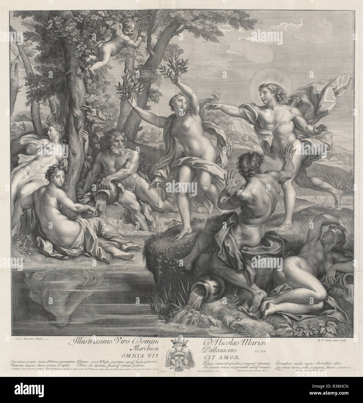 Omnia vincit amor [Apollo e Dafne]. Data: 1728. Dimensioni: IMMAGINE: 58,1 × 60,96 cm (22 7/8 × 24 in.) in generale: 70,8 × 72.39 cm (27 7/8 × 28 1/2 in.). Medium: attacco e incisioni su due tavole allegate di cui carta. Museo: National Gallery of Art di Washington DC. Autore: Robert van Audenaerd, dopo che Carlo Maratta. Foto Stock