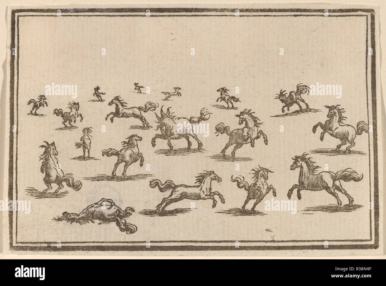 Cavalli in esecuzione. Data: 1621. Medium: xilografia. Museo: National Gallery of Art di Washington DC. Autore: Edouard Eckman dopo Jacques Callot. Foto Stock