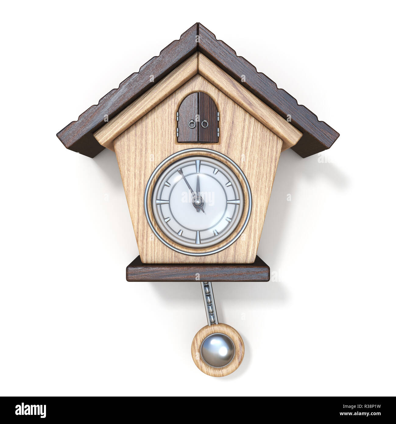 Tradizionale in legno orologio a cucù vista frontale 3D rendering immagine isolata su sfondo bianco Foto Stock