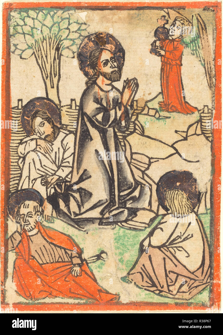 Cristo sul monte degli Ulivi. Data: c. 1460. Medium: xilografia, colorate a mano in rosso-arancione, grigio, verde, rosa, giallo chiaro, marrone e oro. Museo: National Gallery of Art di Washington DC. Autore: tedesco del XV secolo. Foto Stock