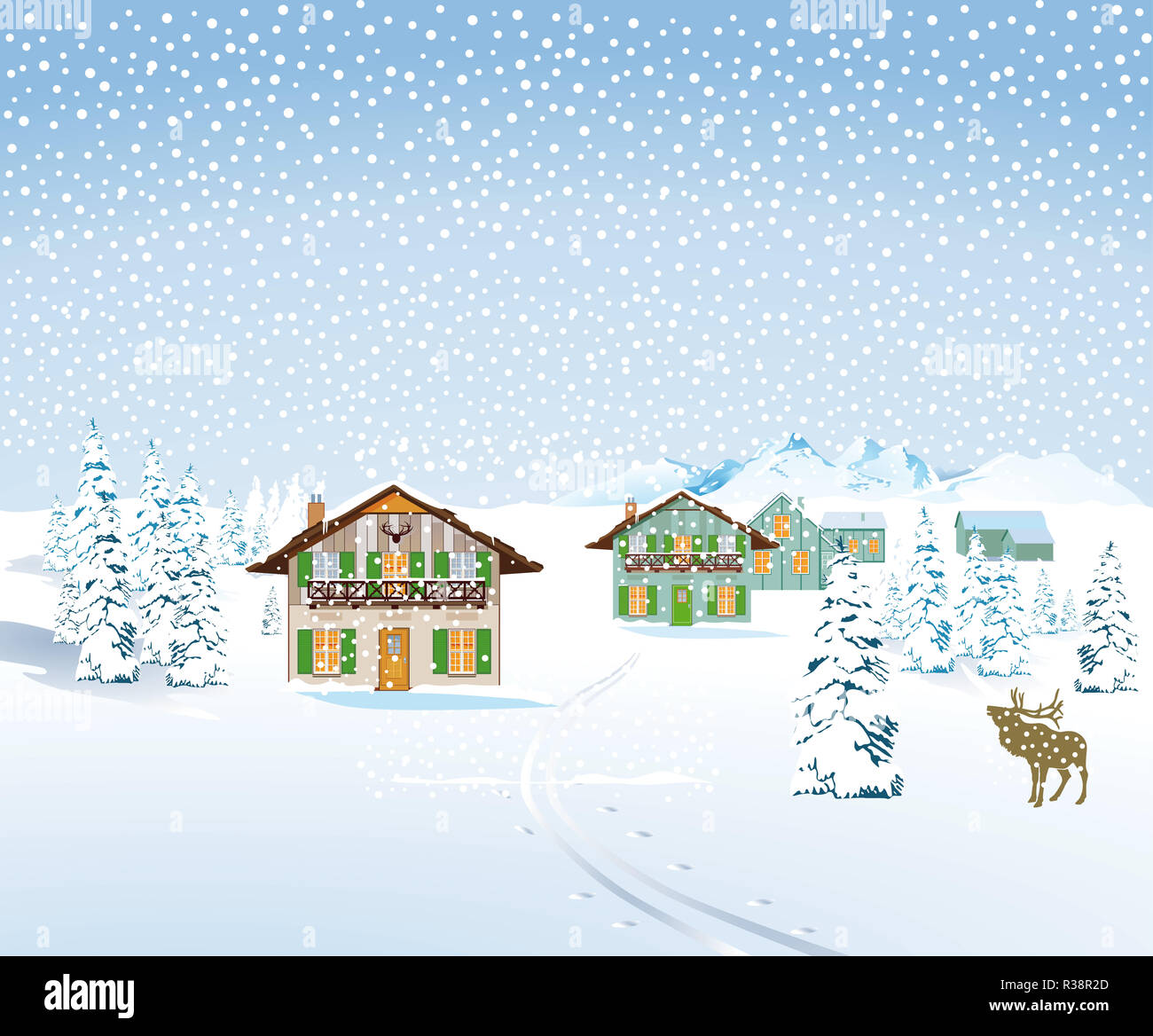 Paesaggio di neve con case Foto Stock