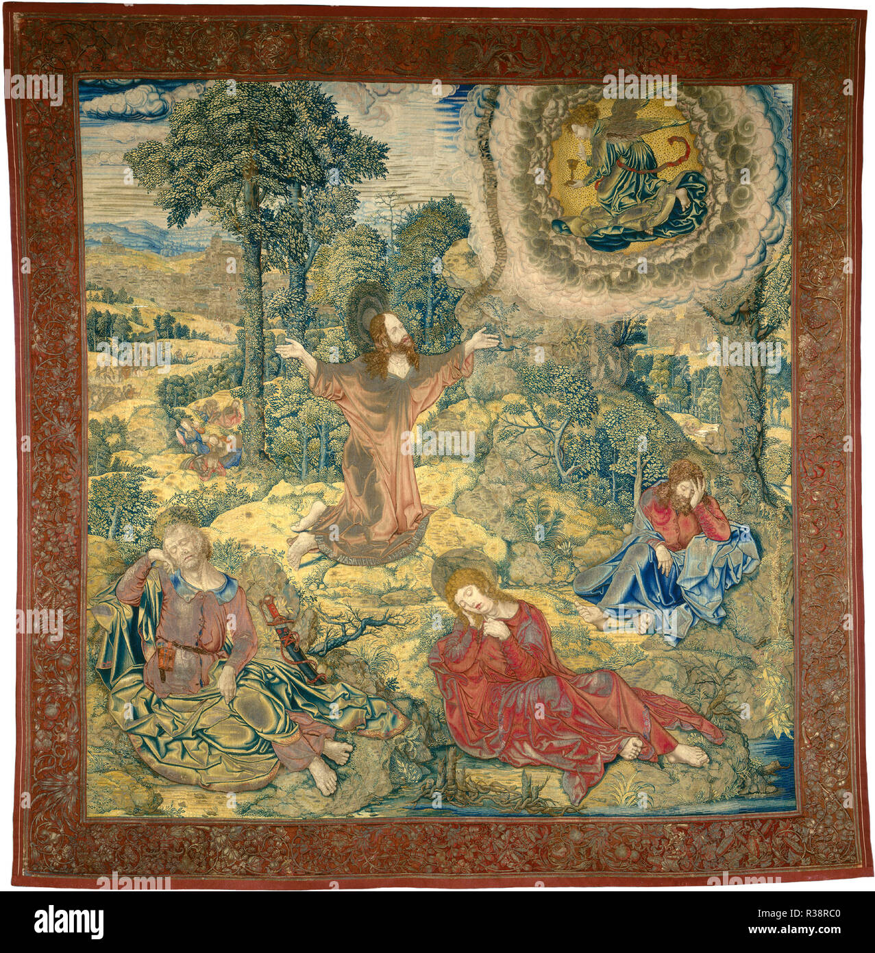 Il Giardino del Getsemani. Data: c. 1520. Dimensioni: complessivo: 368.3 x 359.4 cm (145 x 141 1/2 in.). Medium: arazzo: non tinta lana ordito; filate argento e argento-dorato, e tinti in seta e lana di trama. Museo: National Gallery of Art di Washington DC. Autore: Pieter Pannemaker io dopo Bernard van Orley. Foto Stock
