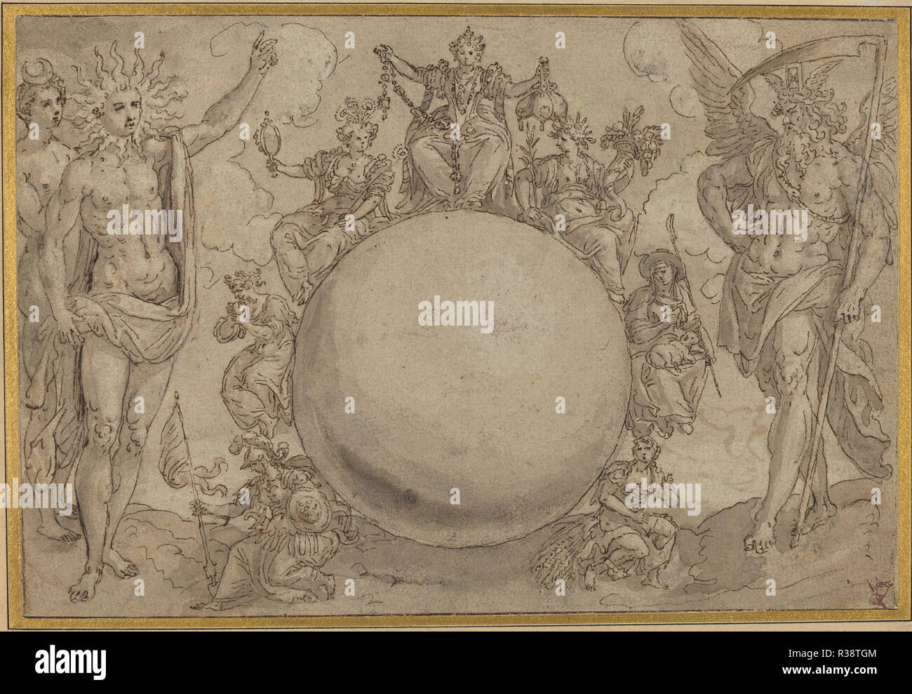 Apollo, Diana e tempo con il ciclico vicissitudini della vita umana. Data: c. 1561. Dimensioni: foglio: 15,7 x 22,9 cm (6 3/16 x 9 in.) supporto: 20,8 x 28,1 cm (8 3/16 x 11 1/16 in.). Medium: Penna e inchiostro bruno con lavaggio grigio su tracce di grafite, incisi per trasferire su carta vergata; stabilite. Museo: National Gallery of Art di Washington DC. Autore: Vos, Maarten de. Foto Stock