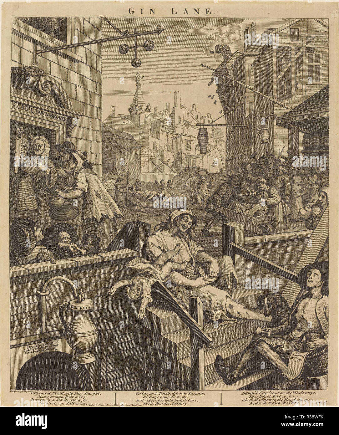 Il Gin Lane. Data: 1751. Medium: attacco e incisione. Museo: National Gallery of Art di Washington DC. Autore: William Hogarth. HOGARTH, William. DENT. Foto Stock