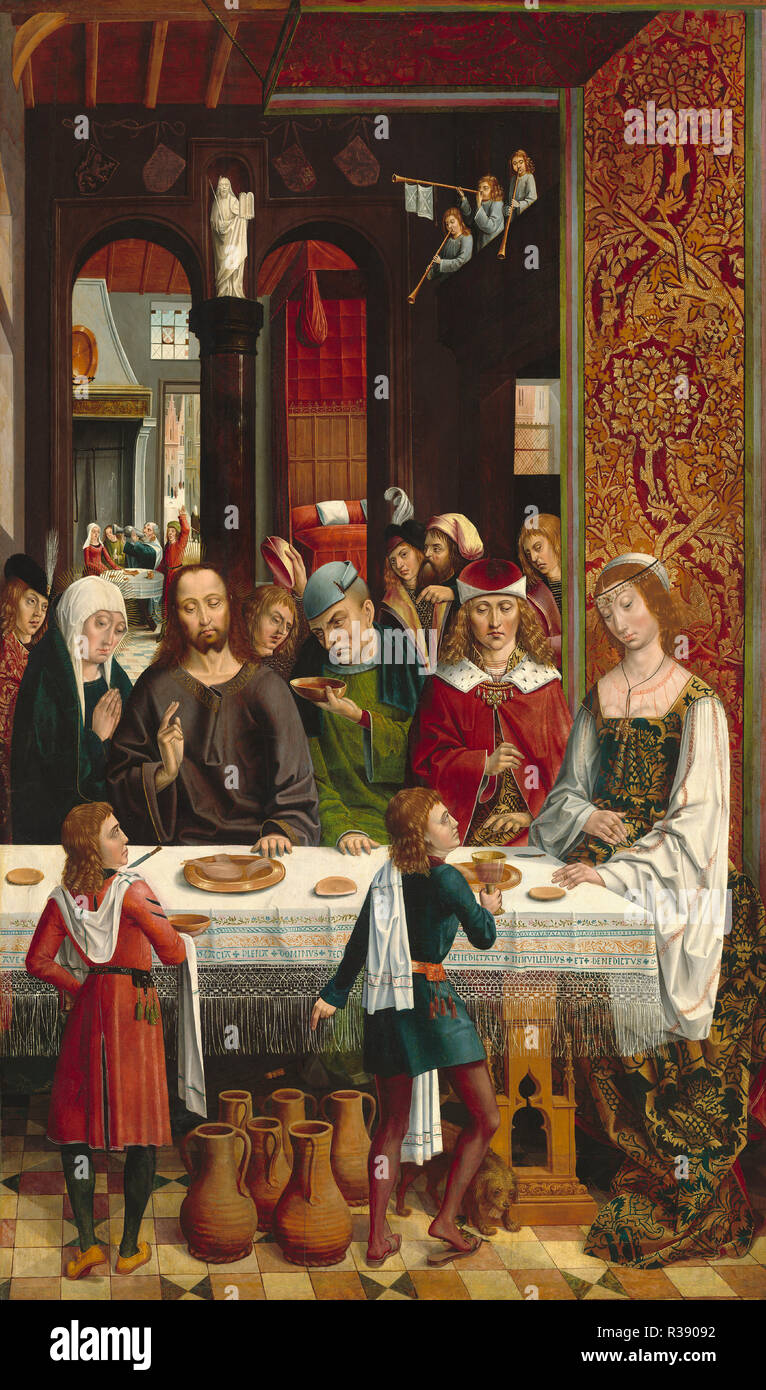 Le Nozze di Cana. Data: c. 1495/1497. Dimensioni: in generale (originale superficie verniciata): 137,1 x 92,7 cm (54 x 36 1/2 in.) in generale (con aggiunta al fondo): 153.1 x 92,7 cm (60 1/4 x 36 1/2 in.) in generale (con aggiunta di strisce di confine): 155,7 x 95,8 cm (61 5/16 x 37 11/16 in.) incorniciato: 184.8 x 130,5 x 12,7 cm (72 3/4 x 51 3/8 x 5 in.). Medium: olio su pannello. Museo: National Gallery of Art di Washington DC. Autore: Master dei re cattolici. Foto Stock