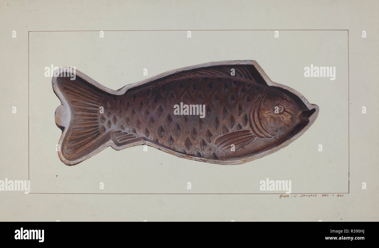 Stampo di pesce. Data: c. 1938. Dimensioni: complessivo: 20,4 x 34,4 cm (8 1/16 x 13 9/16 in.) originale IAD Oggetto: 13' lungo; 5 1/2' ampia. Medium: acquerello, tempera e grafite su cartone. Museo: National Gallery of Art di Washington DC. Autore: Amos C. Brinton. Foto Stock