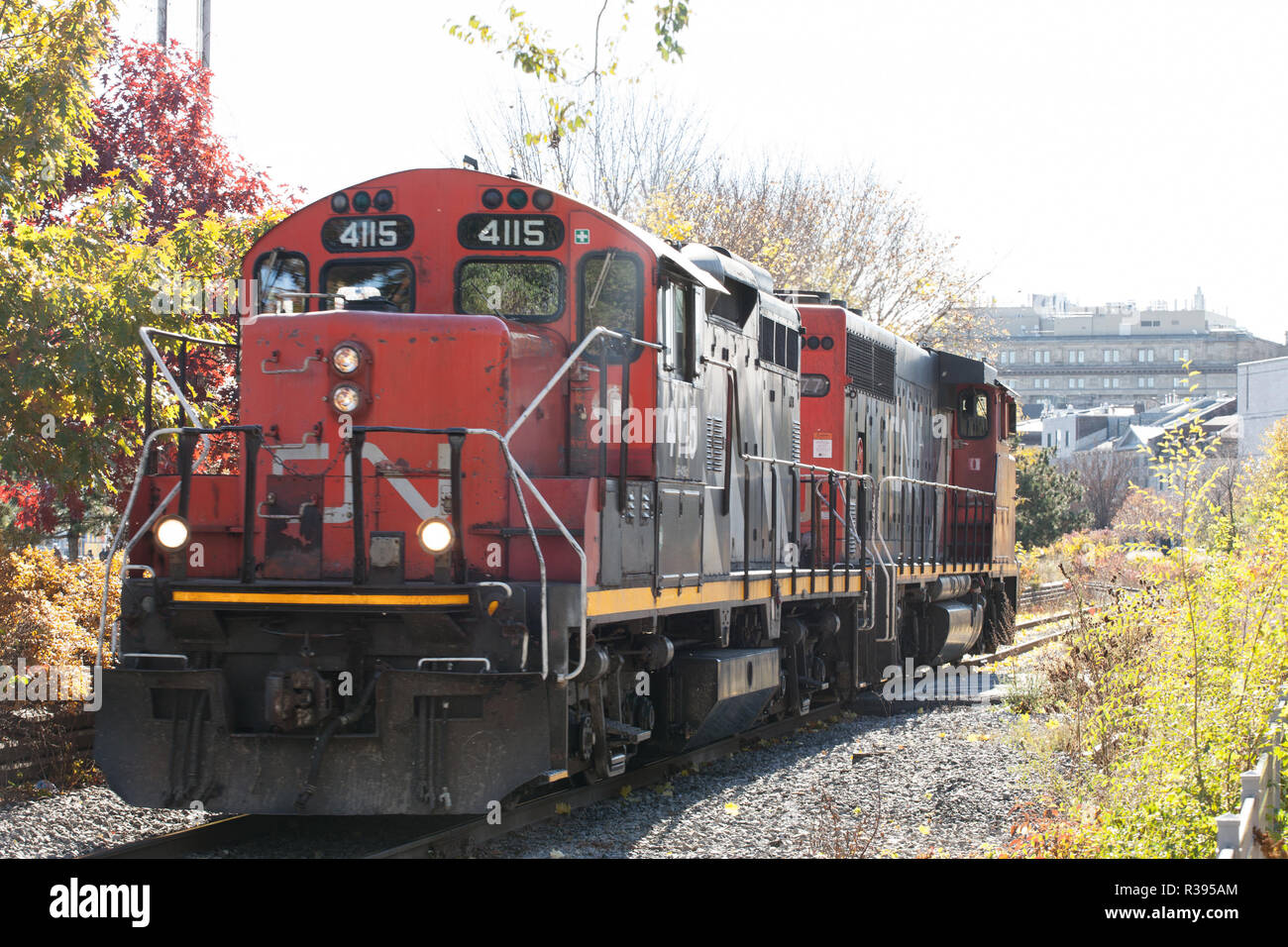 MONTREAL, Canada - 4 Novembre 2018: locomotive diesel con il logo NC smistamento a. Noto anche come Canadian National Railway, è il principale e freigh Foto Stock