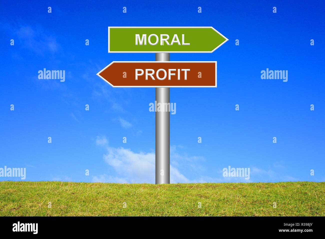 Segno segno direzionale moralità / profitto Foto Stock