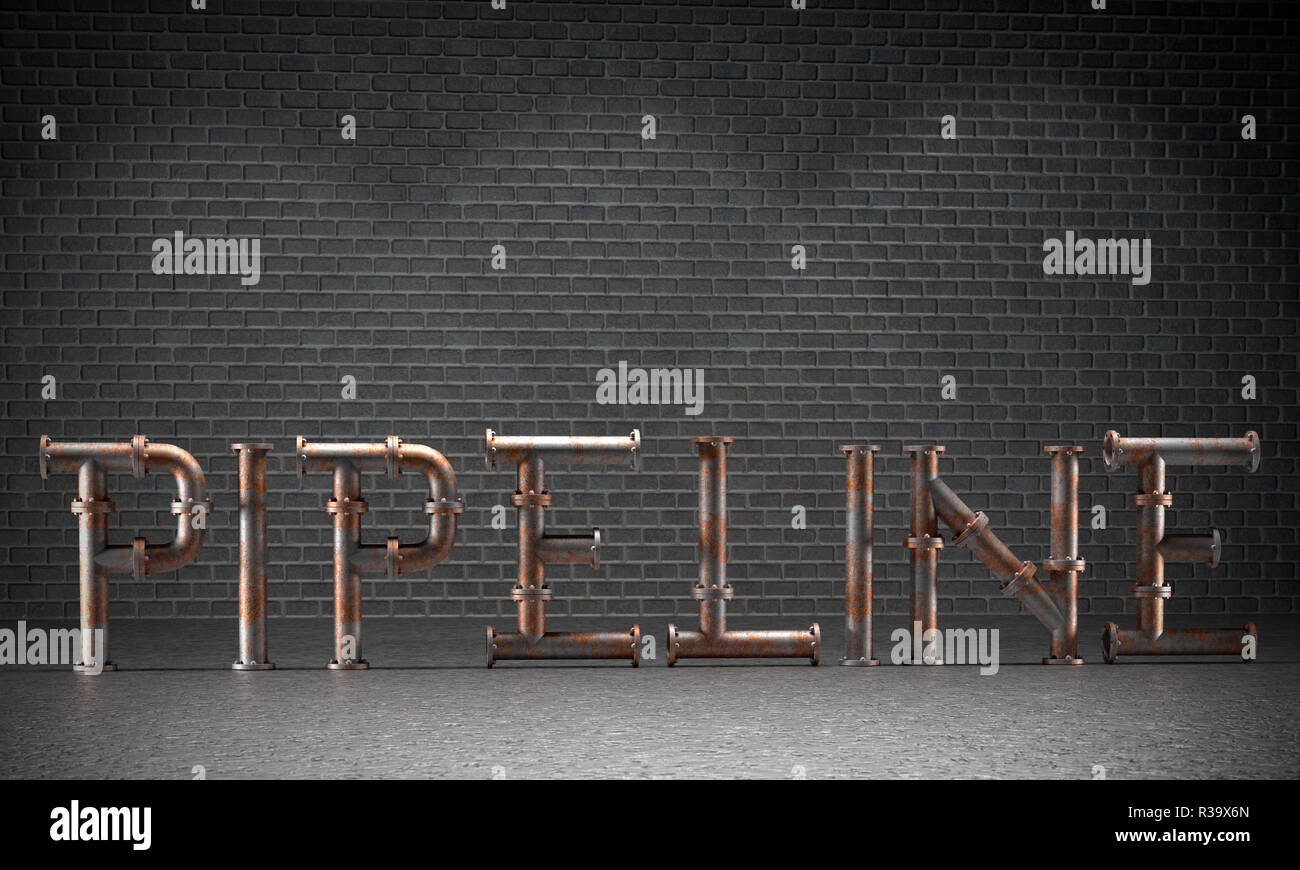 3D render di pipeline parola fatta di imbullonato rusty tubazioni metalliche elementi contro brickwall grigio Foto Stock