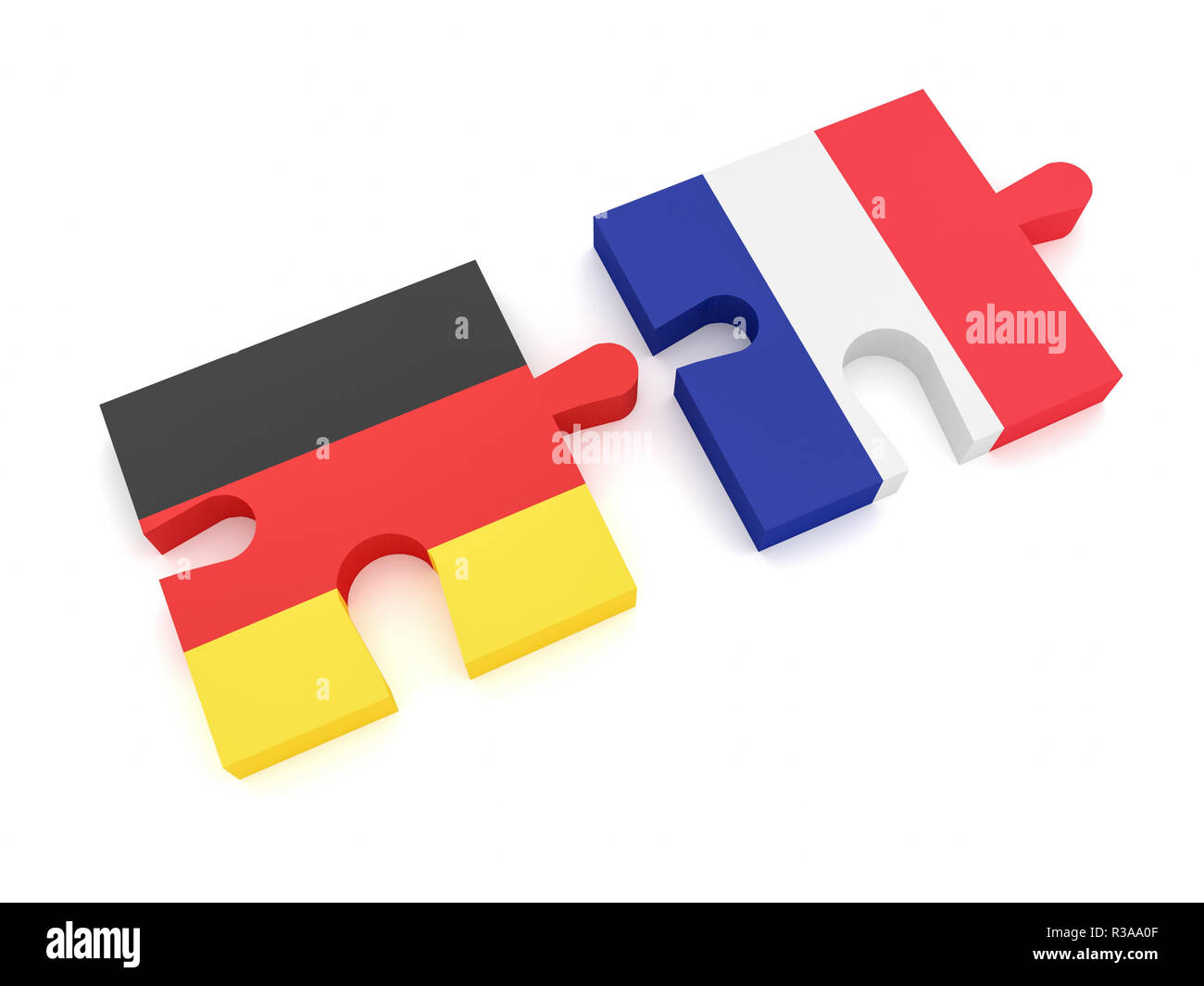 Germania Francia Partnership: bandiera tedesca e bandiera francese i pezzi del puzzle, 3d illustrazione su sfondo bianco Foto Stock