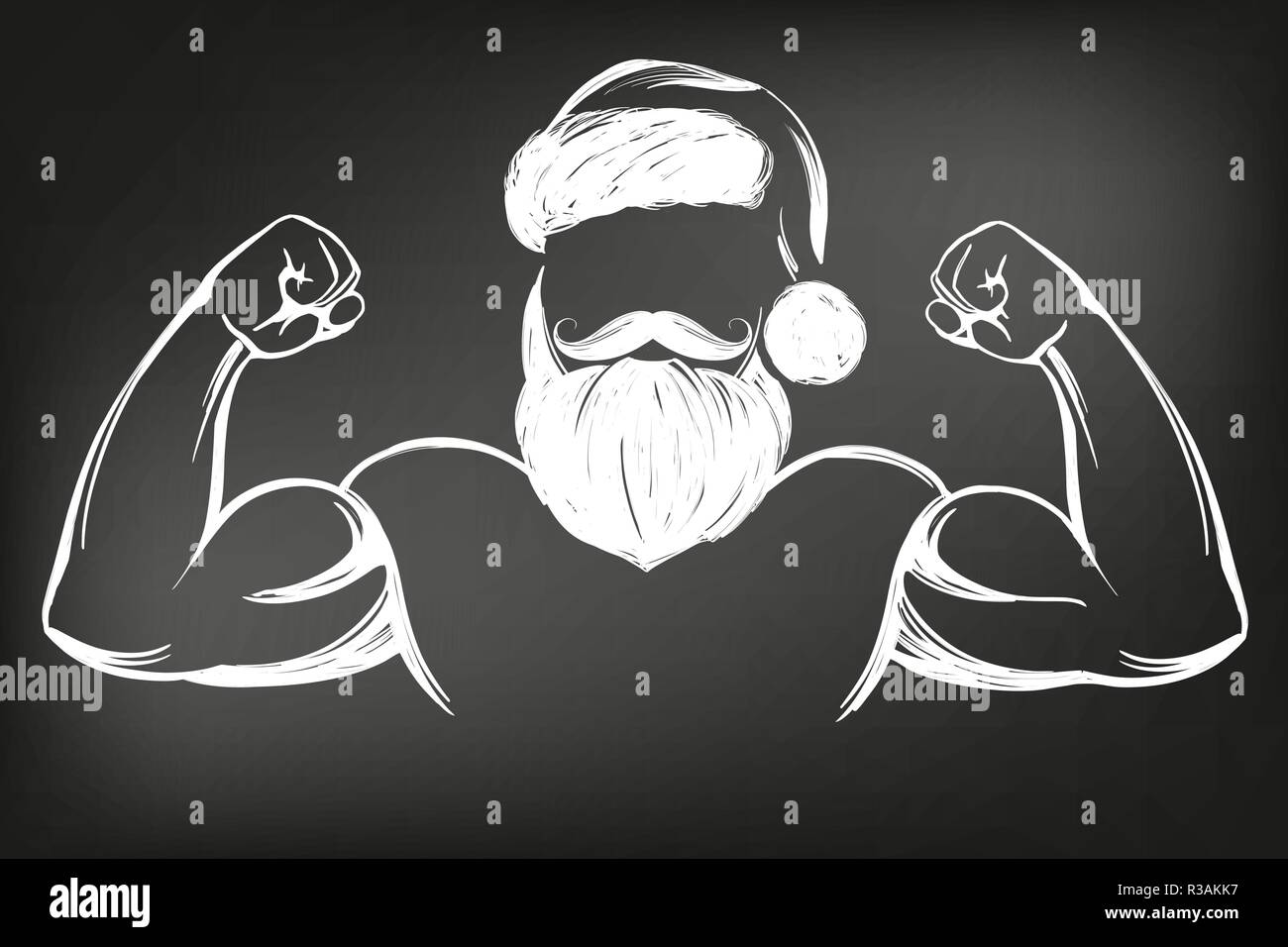 Babbo Natale uomo forte, sport, simbolo di Natale disegnati a mano illustrazione vettoriale Bozzetto disegnato in gesso su una lavagna nera Illustrazione Vettoriale