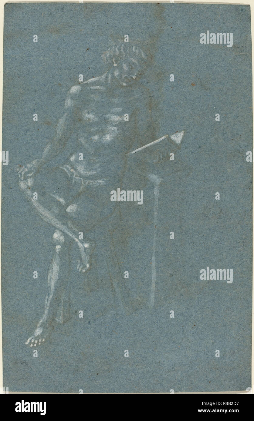 Un giovane uomo seduto su uno sgabello leggendo un libro (recto); la caduta dell uomo (un frammento della parte inferiore) (verso). Data: c. 1450. Dimensioni: foglio: 21,6 x 13,9 cm (8 1/2 x 5 1/2 in.). Medium: Penna e inchiostro bruno accresciuta con il bianco gouache su carta vergata (recto); gesso nero con inchiostro marrone (verso). Museo: National Gallery of Art di Washington DC. Autore: fiorentina del secolo XV (eventualmente Domenico Veneziano o Luca della Robbia). Foto Stock