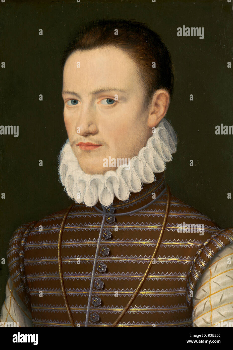Ritratto di un nobile. Data: c. 1570. Dimensioni: pannello originale: 31,2 x 22,7 cm (12 5/16 x 8 15/16 in.) in generale (con spessori di legno): 32,4 x 23,6 cm (12 3/4 x 9 5/16 in.) incorniciato: 47,9 x 38,1 x 7,3 cm (18 7/8 x 15 x 2 7/8 in.). Medium: olio su abete o pino. Museo: National Gallery of Art di Washington DC. Autore: francese del XVI secolo. Foto Stock