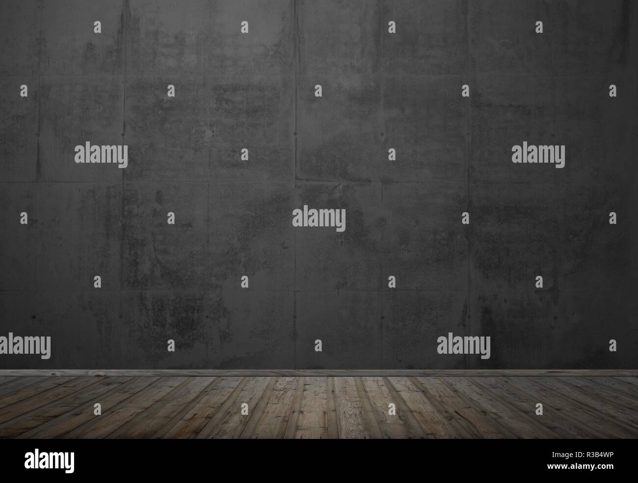 Svuotare camera oscura con pavimento in legno e muro di pietra Foto Stock