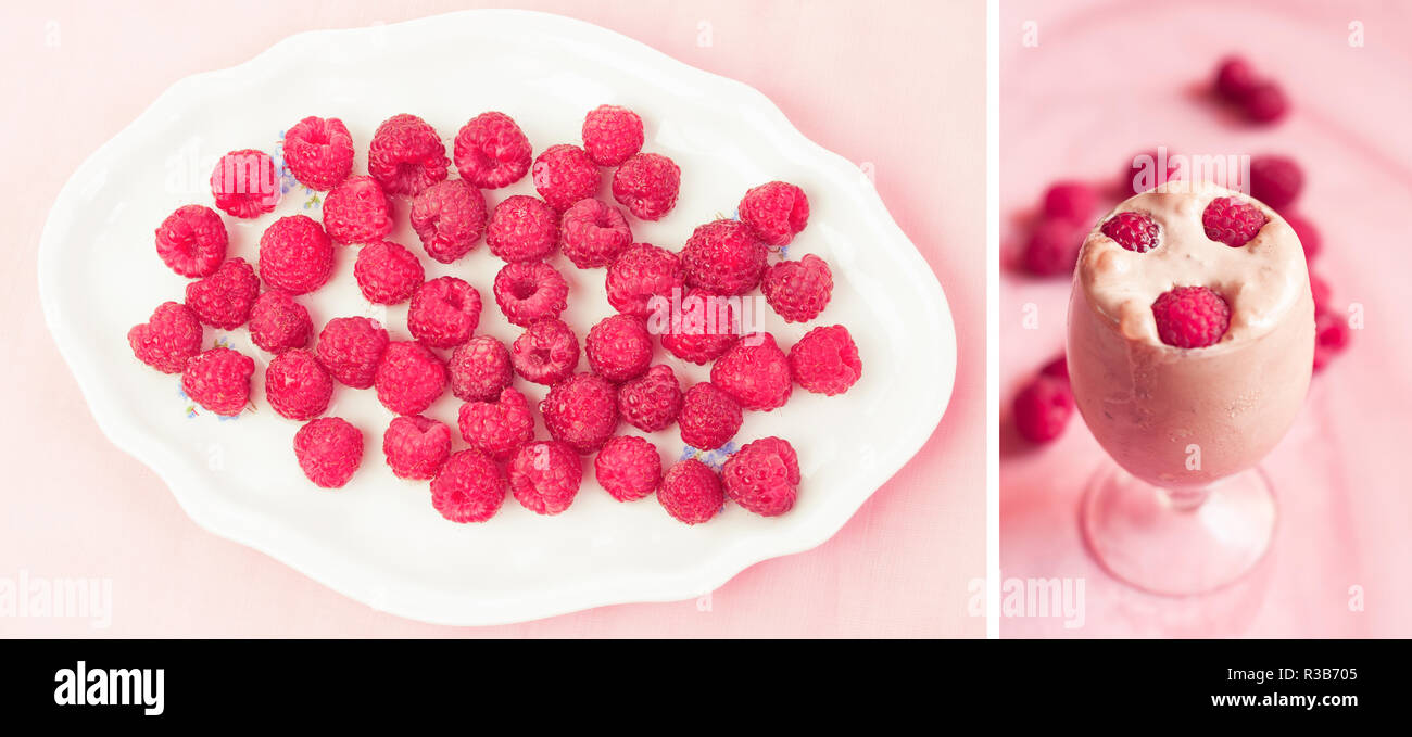 Lamponi in una piastra e lamponi sul gelato Foto Stock