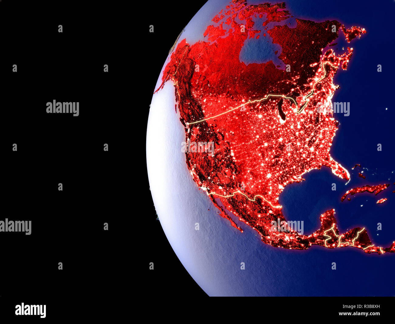 Vista notturna del Nord America da spazio visibile con le luci della città. Plastica dettagliato pianeta superficie. 3D'illustrazione. Gli elementi di questa immagine arredare Foto Stock