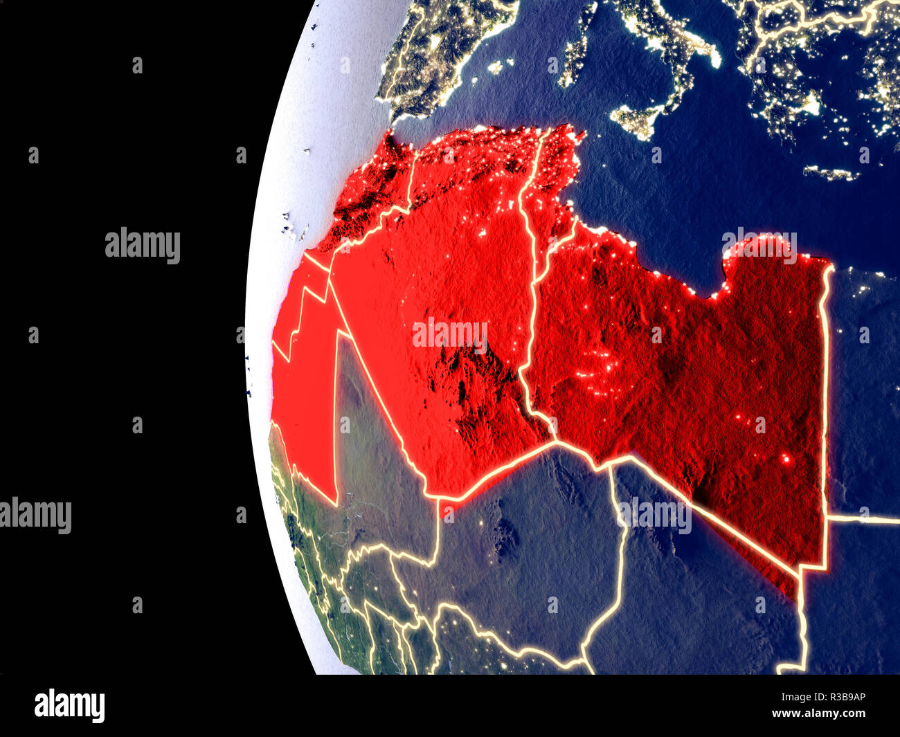 Vista notturna della regione del Maghreb dallo spazio con visibili luci della citta'. Plastica dettagliato pianeta superficie. 3D'illustrazione. Gli elementi di questa immagine furnis Foto Stock