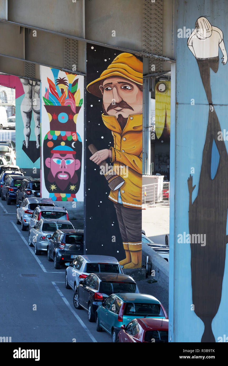 Detective, graffito su un pilastro della città autostrada sopraelevata Aldo Moro, Streetart, Città Vecchia, Genova, liguria, Italy Foto Stock