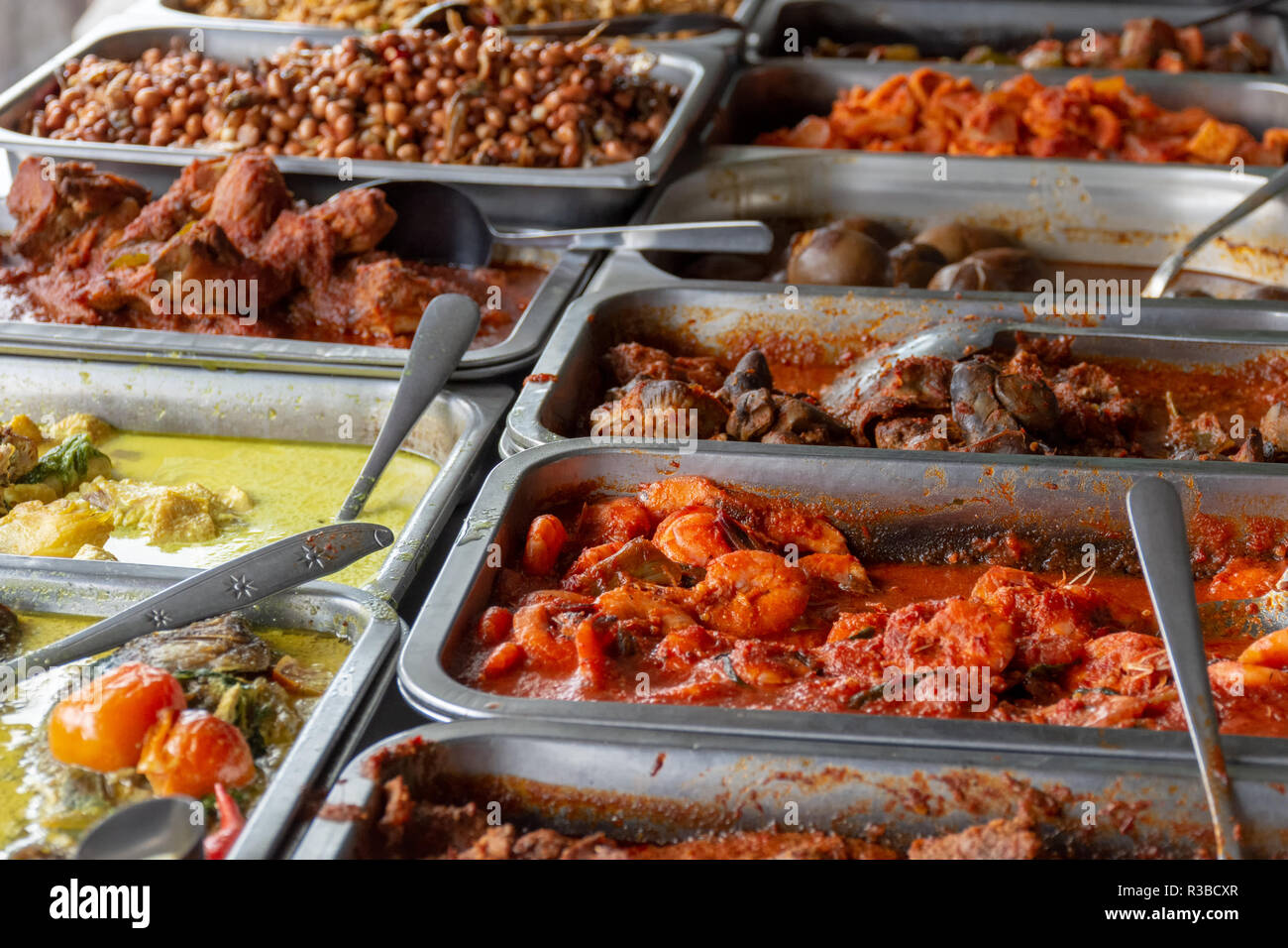 Cibo indonesiano piatti a buffet consistono di carne, pollo, pesce e verdure al ristorante Giavanese in Bali. Foto Stock