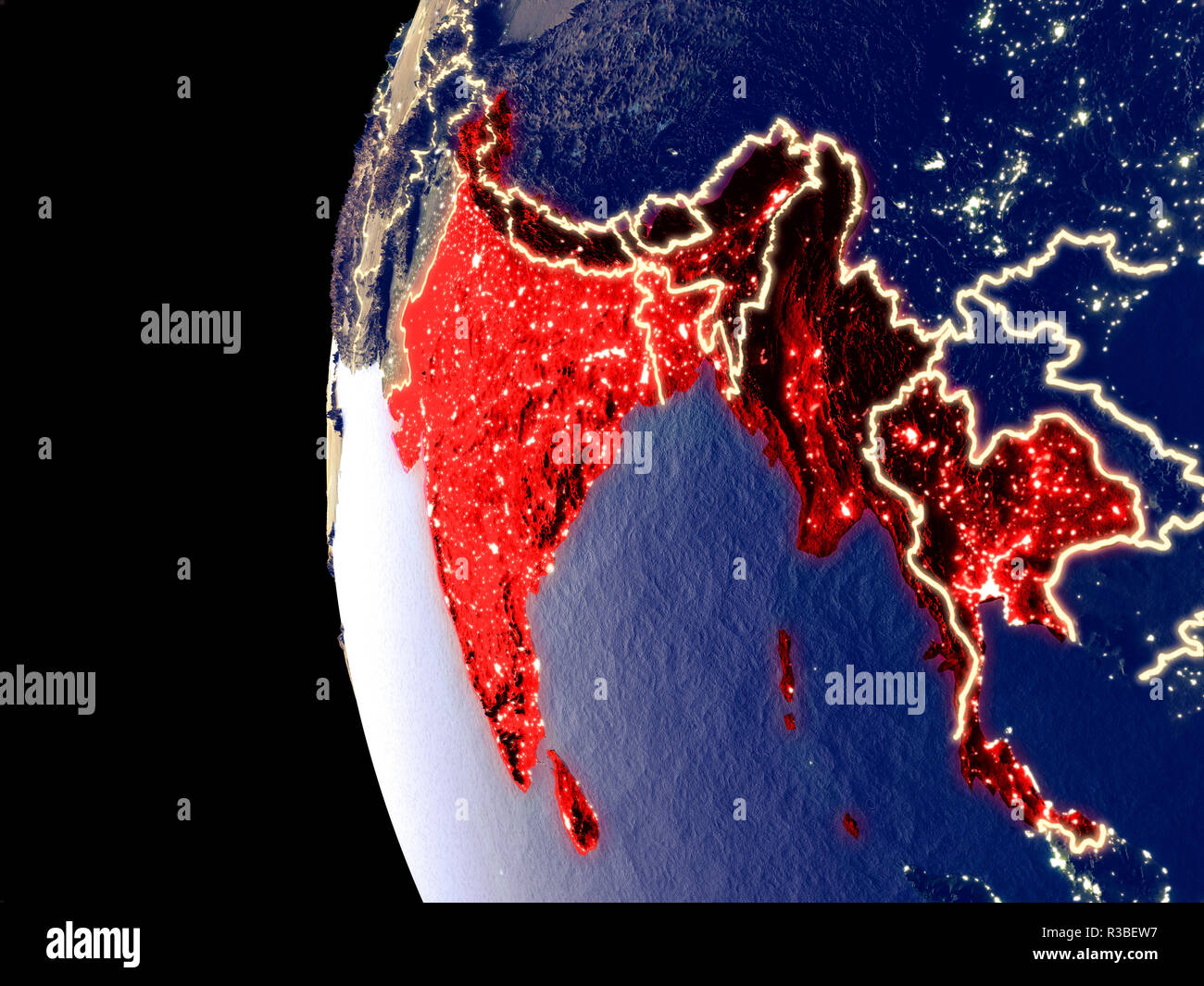 Vista notturna di BIMSTEC memeber membri dallo spazio con visibili luci della citta'. Plastica dettagliato pianeta superficie. 3D'illustrazione. Gli elementi di questo imag Foto Stock