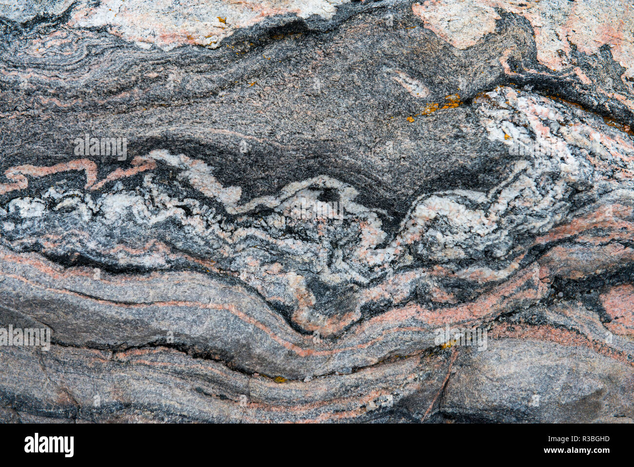 La Groenlandia, Scoresbysund, aka Scoresby Sund, Hekla Havn, Danmark O. Dettaglio di interessanti modelli di roccia. Foto Stock