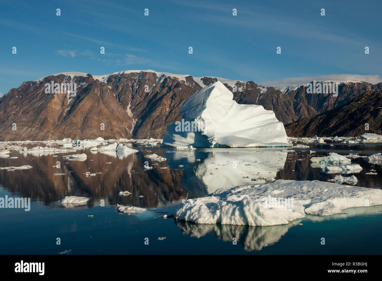 Est della Groenlandia, Scoresbysund, aka Scoresby Sund. New Scenic 5 posti pieni di ghiaccio oer fiordo. Foto Stock