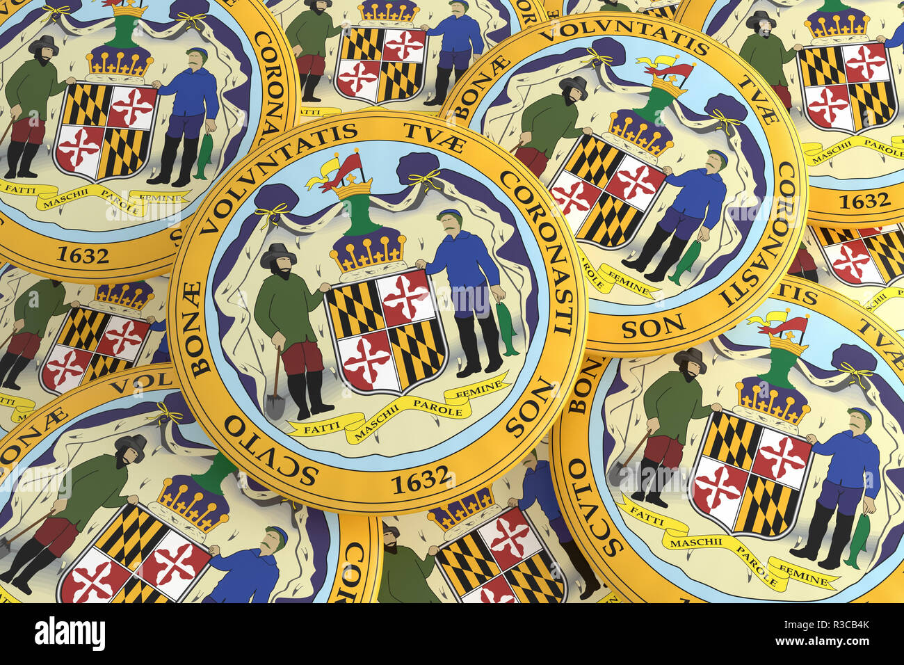 Usa i pulsanti di stato: pila di Maryland i badge di tenuta, 3d illustrazione Foto Stock