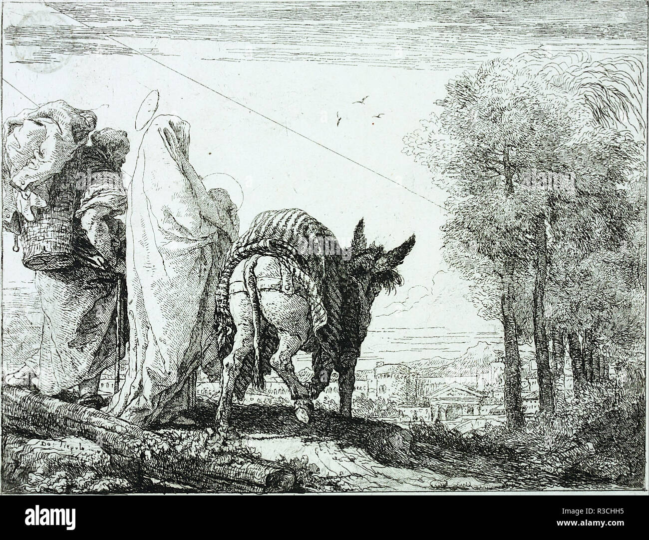 La Fuga in Egitto. Data/Periodo: 1750 - 1753. Stampa. Attacco chimico. Altezza: 188 mm (7,40 in); larghezza: 239 mm (9.40 in). Autore: Giovanni Domenico Tiepolo. Foto Stock