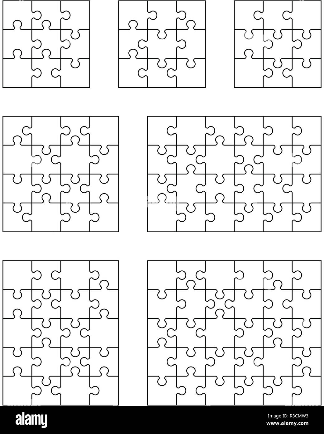 Illustrazione Vettoriale di sette diversi puzzle bianco, pezzi separati Foto Stock