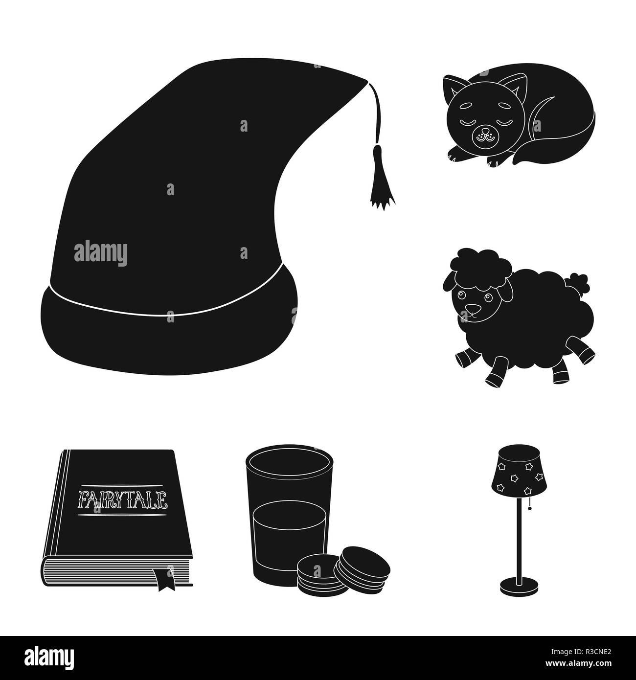Il riposo e il sonno icone nere in set di raccolta per il design. Gli accessori e i confort simbolo vettore illustrazione stock. Illustrazione Vettoriale