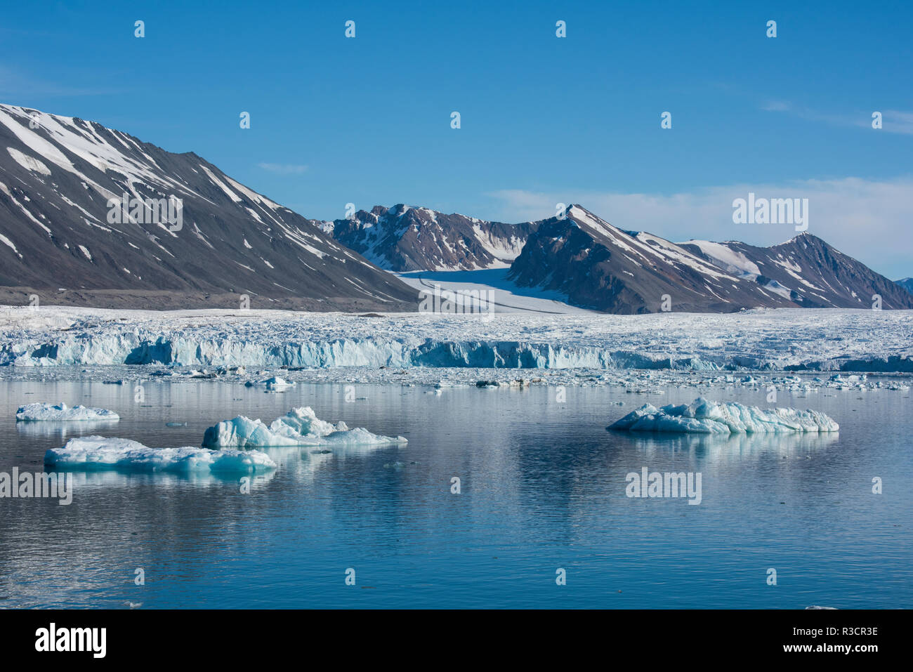 Norvegia Isole Svalbard, Spitsbergen. Nordvest-Spitsbergen National Park, Liefdefjorden, Monacobreen, aka Monaco ghiacciaio. Il ghiacciaio in recessione in distanza. Foto Stock