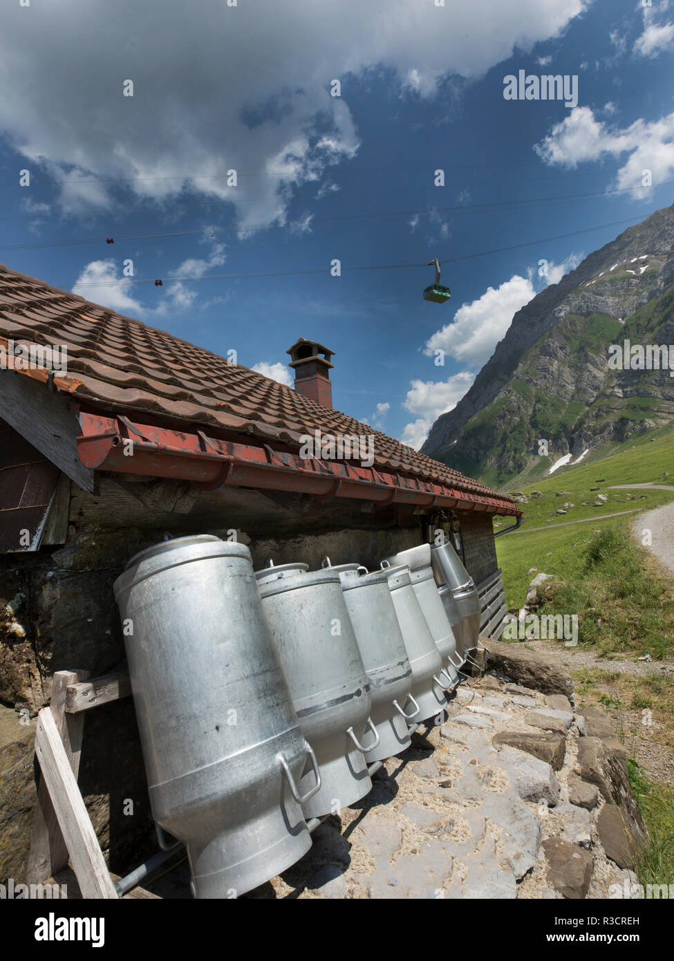 Gondola passando al di sopra di Swiss Dairy Farm Foto Stock