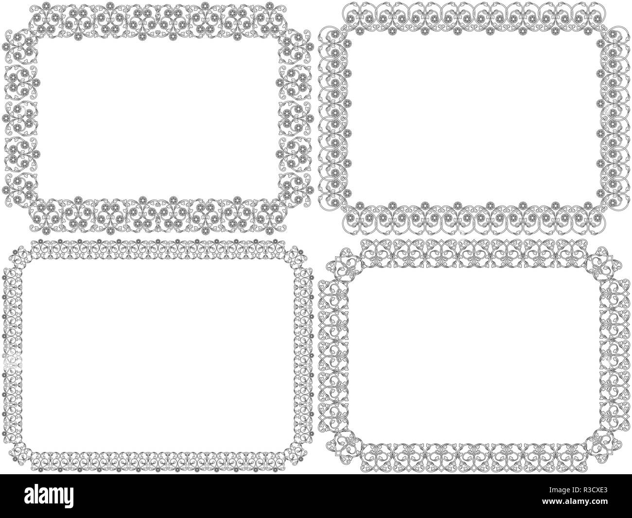 Set di quattro nero fiore decorativo cornici isolate su uno sfondo bianco, vettore come un progettista di cartoline Illustrazione Vettoriale
