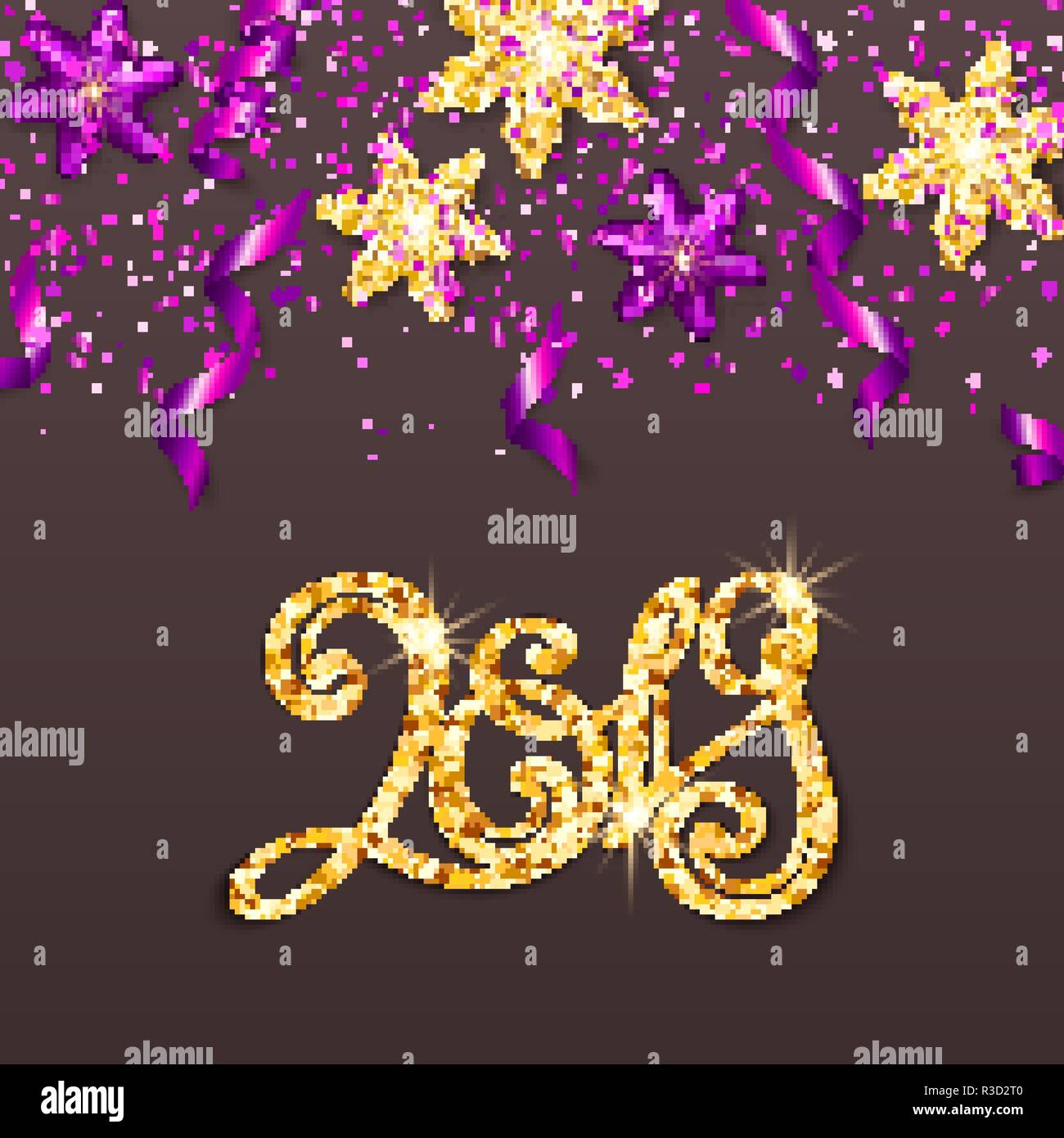 Iscrizione Oro modello 2019 su sfondo grigio. Numeri di calligrafia, glitter coriandoli, stella, il simbolo del fiocco di neve, serpentine per Felice anno nuovo card, invitat Illustrazione Vettoriale